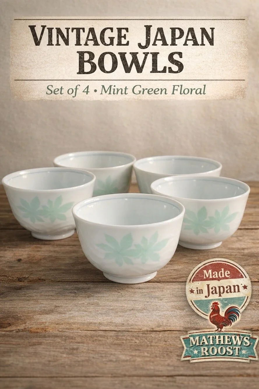 Vintage Japanese Porcelain Tea Cups Set 4 Green Leaf Rice Bowls Japan